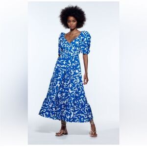 Zara Poplin Vibrant Blue and White Patterned Maxi Dress size XS